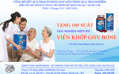 Chúc mừng 7 khách hàng may mắn nhận quà viên khớp GHV Bone trị giá 5.040.000 đ (Từ ngày 22/07 – 28/07/2019)